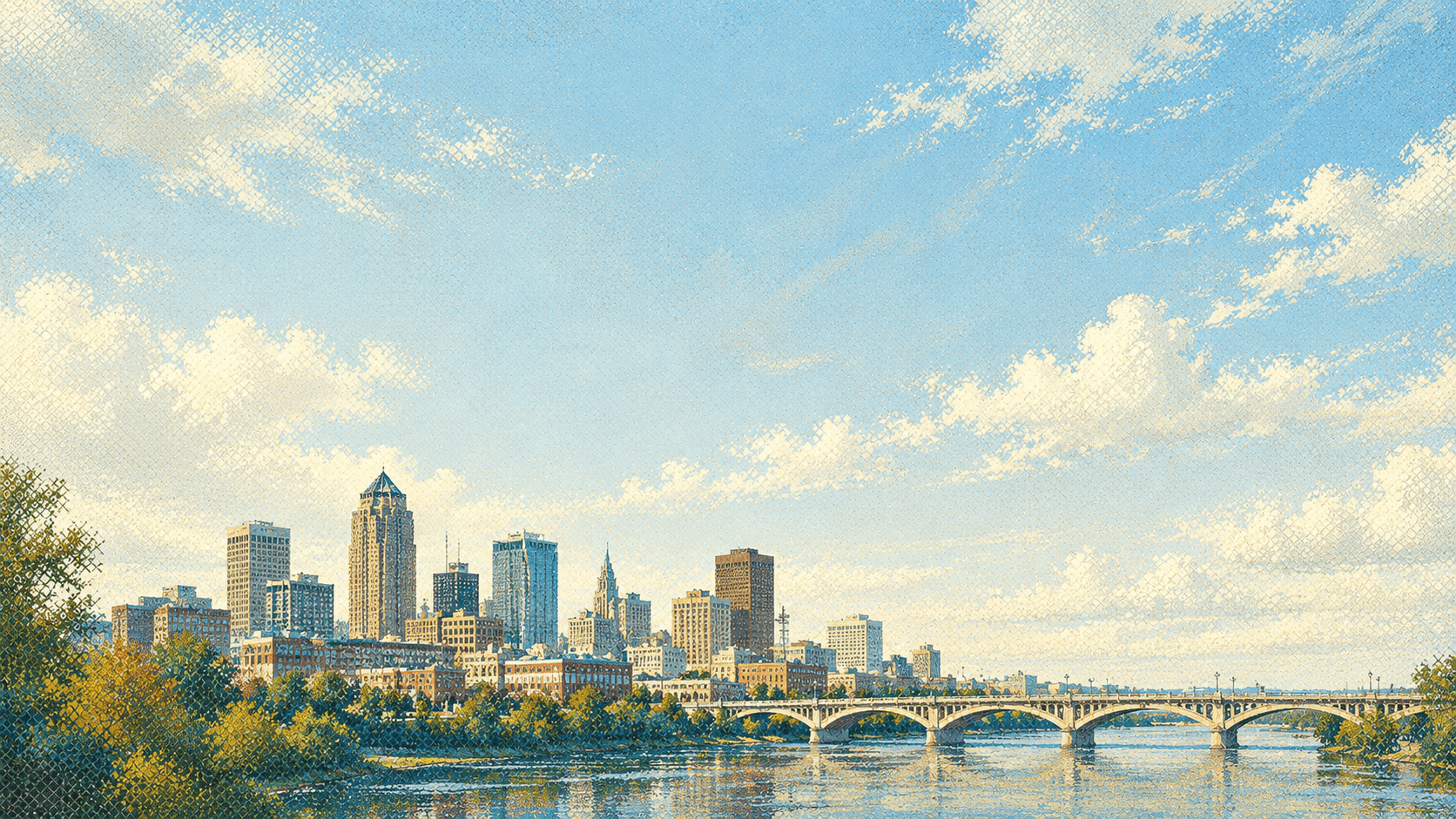 Des Moines skyline over the river on a bright morning